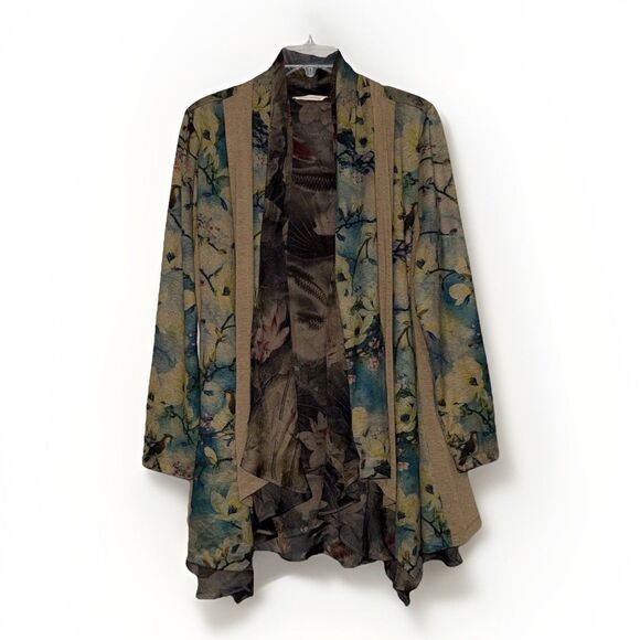 Soft Surroundings Floral Tea Garden Topper Tiered Cardigan Sweater Bird Boho LP - Picture 2 of 16